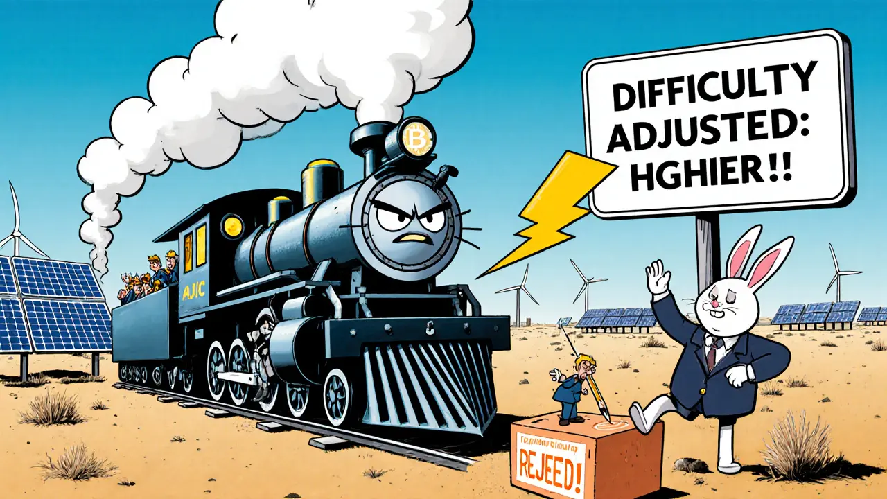 A steam-powered ASIC miner train puffing electricity through renewable energy landscapes, with a cheating rabbit getting zapped