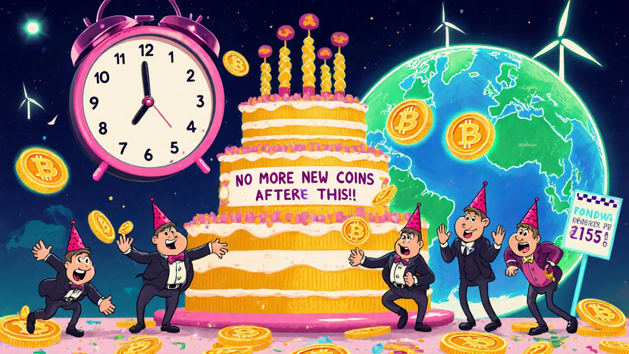 Miners celebrating around a giant Bitcoin cake as the clock ticks to 2140, with global renewable energy icons glowing in background