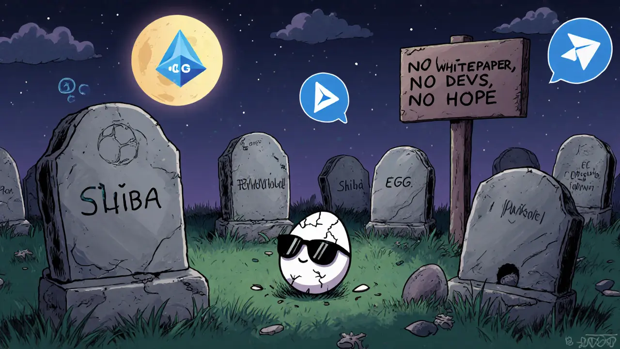 A crypto graveyard with a cracked egg tombstone under a spinning egg moon, surrounded by empty chat bubbles.