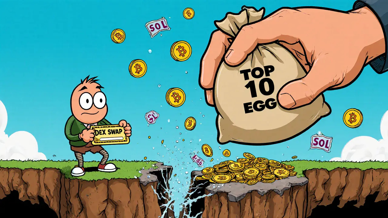 An investor standing on a crumbling swap platform as giant wallets drop coins, surrounded by falling SOL tokens.