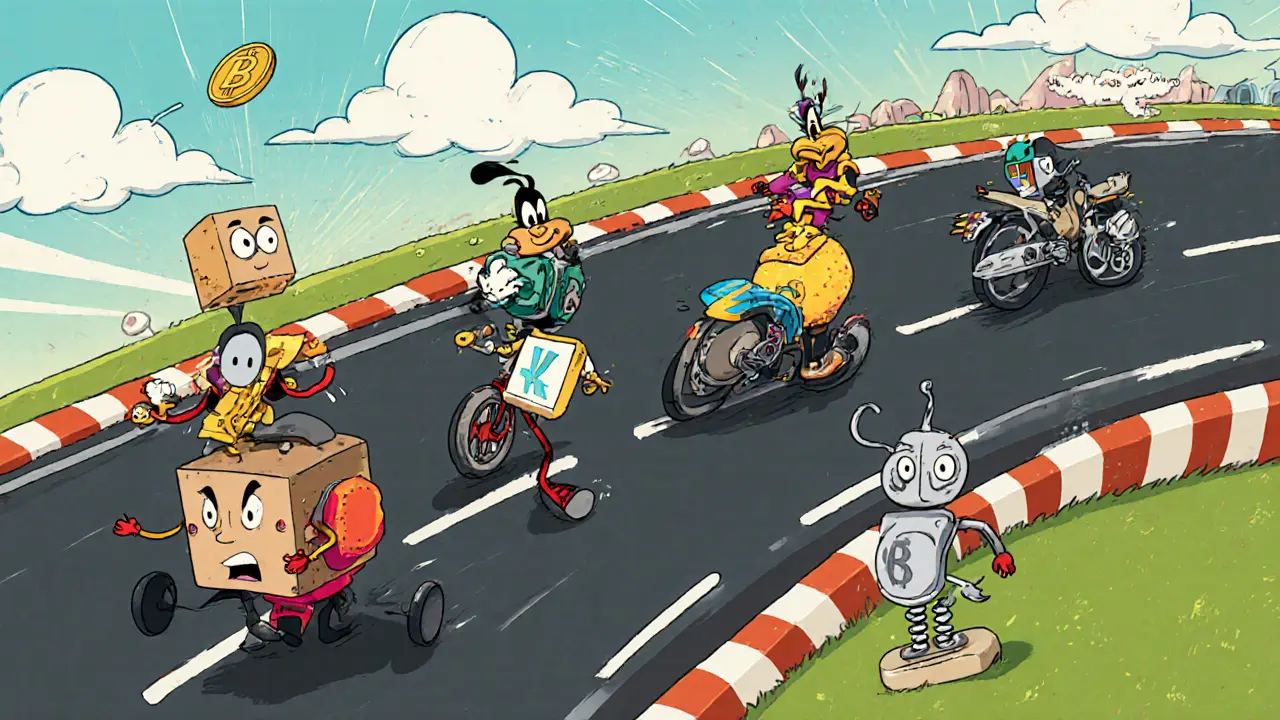 Animated race of six quirky machines representing different crypto hash algorithms.