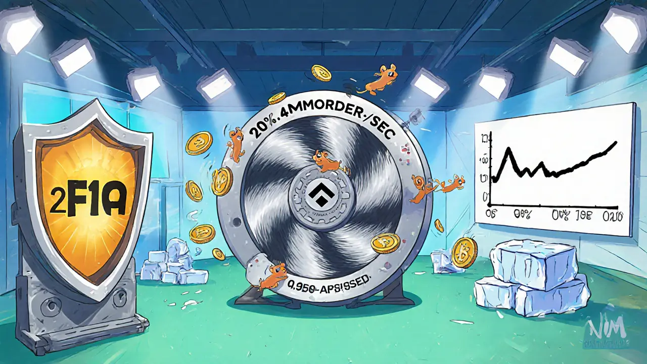 Animated trading floor with a hamster‑wheel matching engine, 2FA shield, and fee chart.