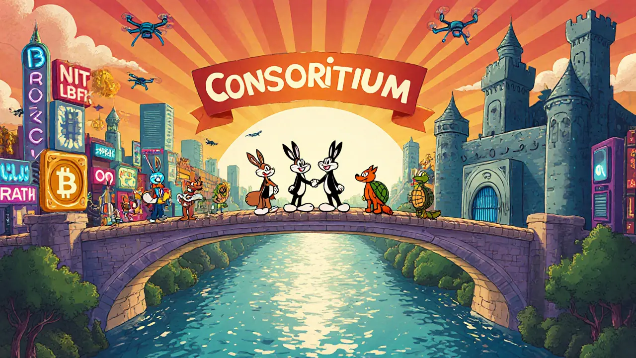 Cartoon bridge linking a bustling public city to a guarded private fortress, symbolizing hybrid blockchain.