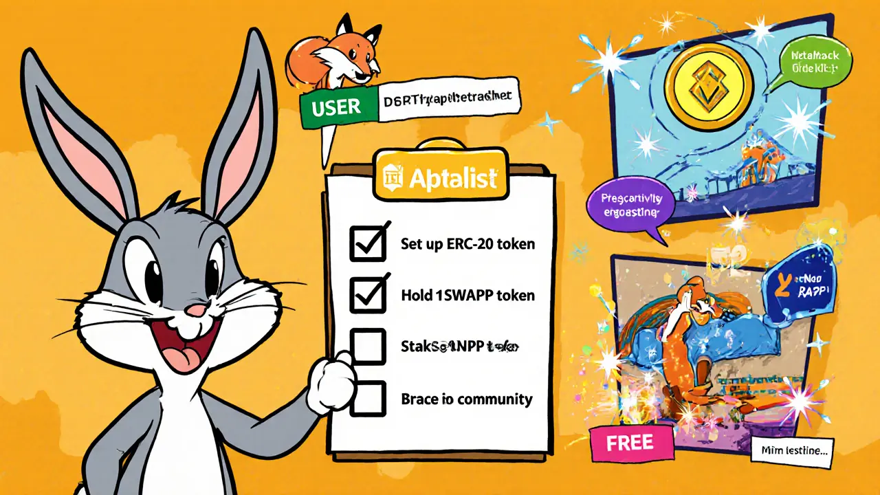 Cartoon bunny checks a list while showing wallet setup, token holding, and staking.