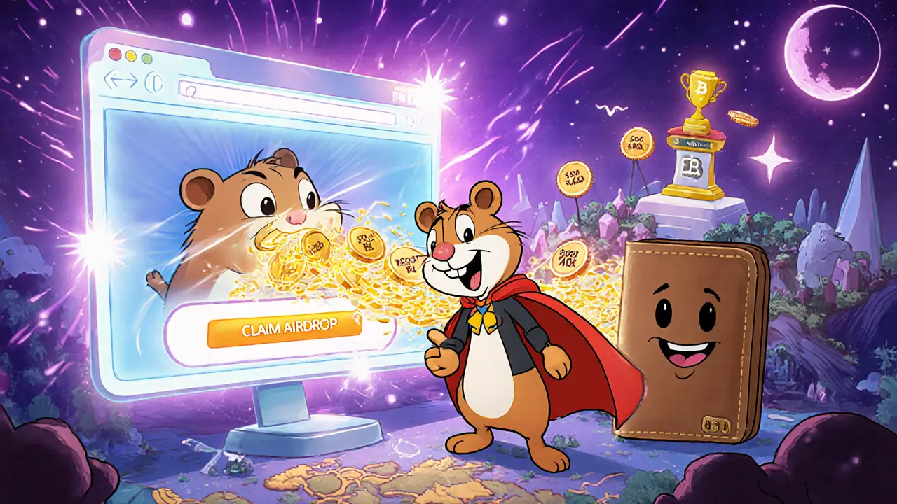 Cartoon character claiming tokens through a portal, wallet filling, virtual land map behind.