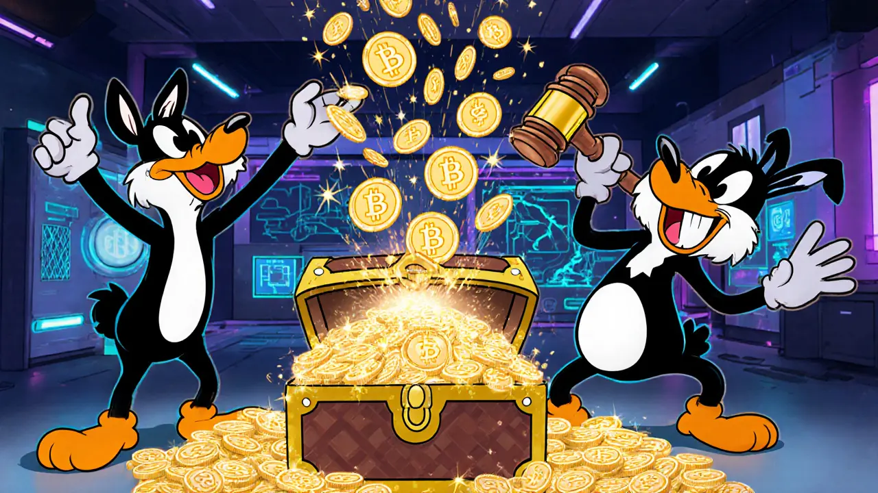 Cartoon characters celebrating CRDT tokens, staking, providing liquidity, and voting.