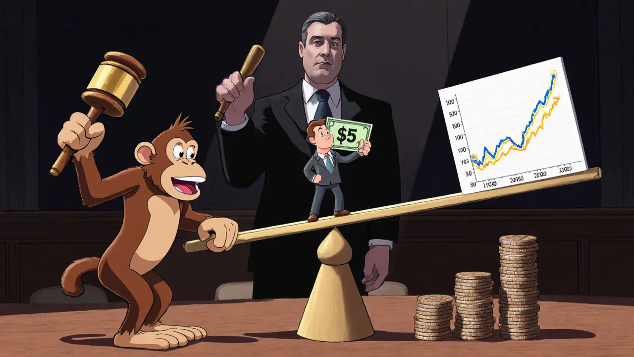 Cartoon chimp confronting a giant regulator figure on a seesaw with a tiny investor and volatile chart.