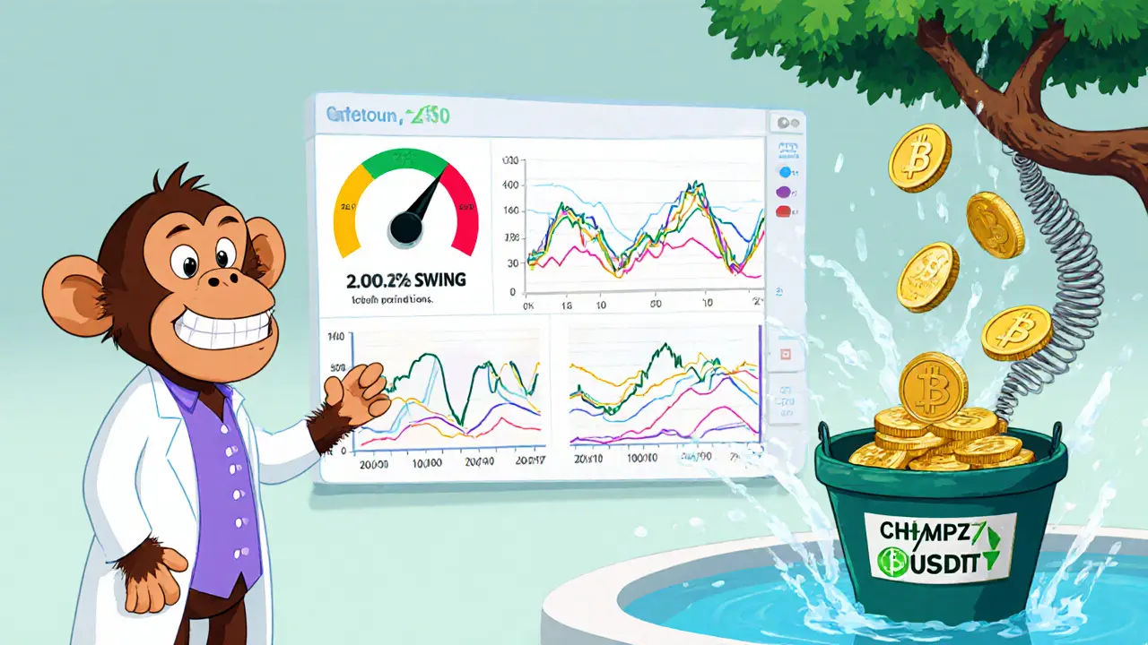 Cartoon chimp in a lab coat managing a crypto dashboard with token streams and a donation bucket.