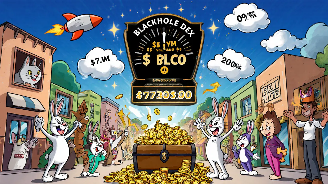 Cartoon DeFi village celebrating TVL growth, 0% fees, and community voting, with a risk‑aware cat.