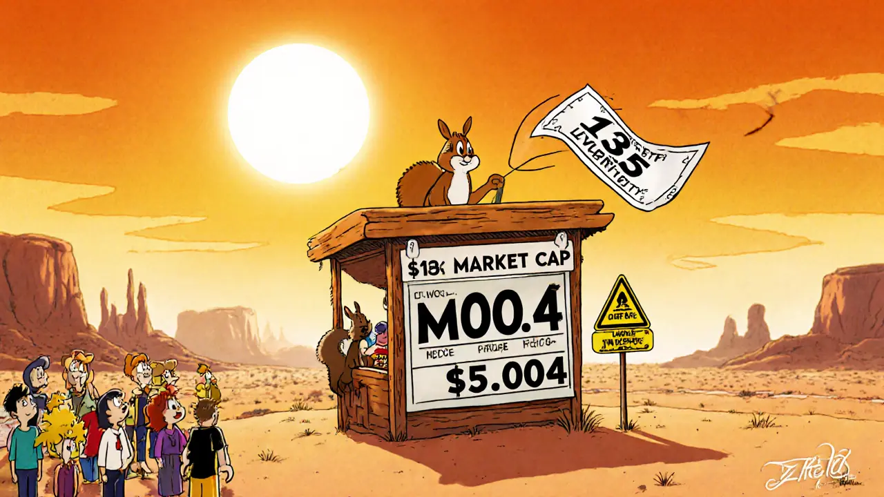 Cartoon desert trading stand shows low price, tiny market cap, and risk signs for MOOX.