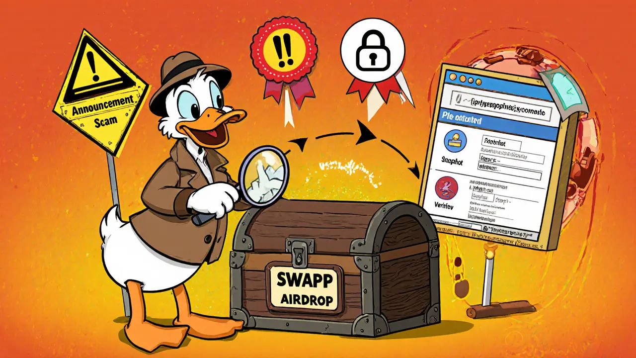 Cartoon detective duck protects a SWAPP airdrop chest with scam warnings and timeline.