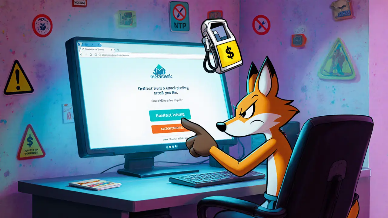 Cartoon fox claims NFTP tokens on a computer, with gas fee icon nearby.