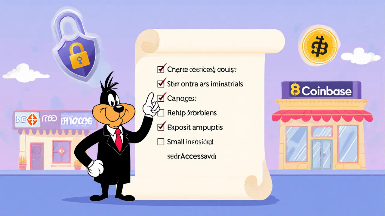 Cartoon guide presenting a checklist for testing Huobi with security icons.