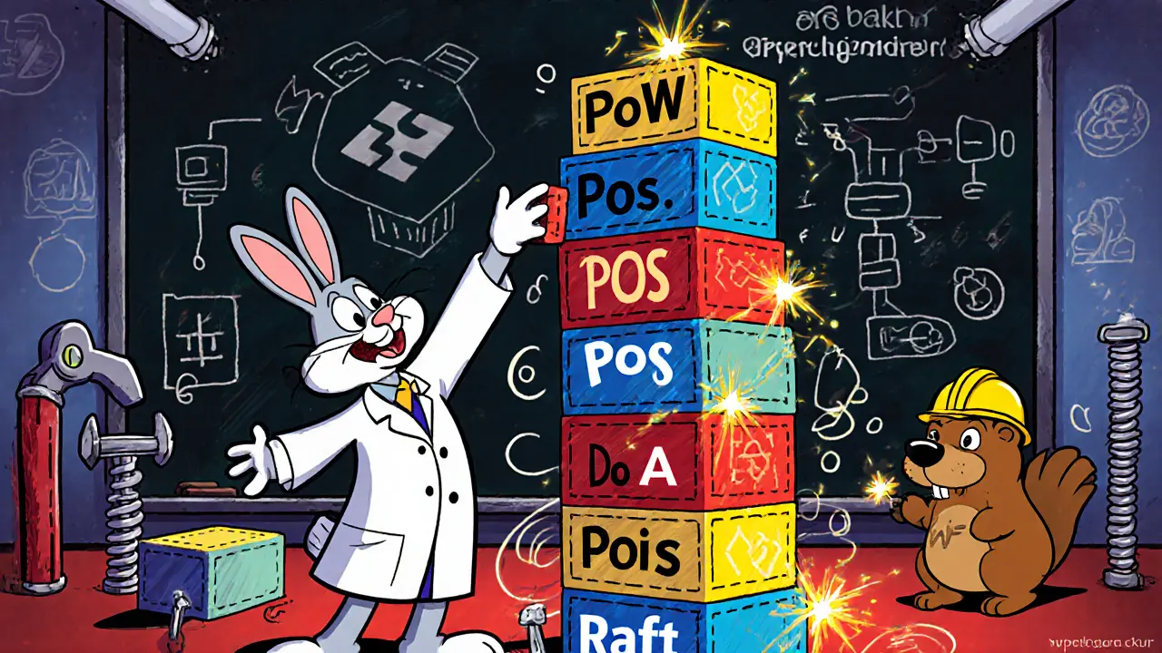 Cartoon lab where characters build a blockchain tower with blocks labeled by consensus types.