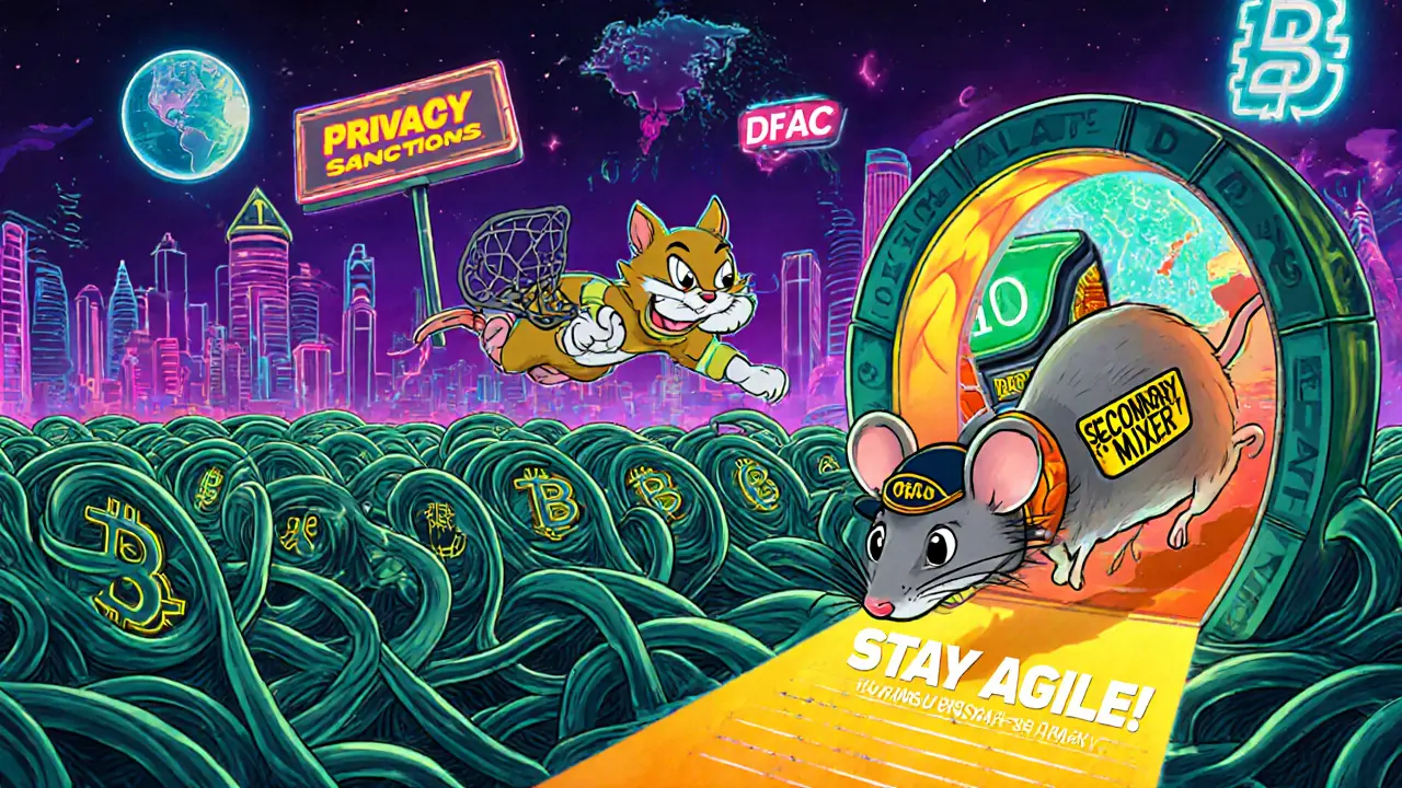 Cartoon mouse evades OFAC cat by slipping through DeFi tunnels and a privacy mixer portal.