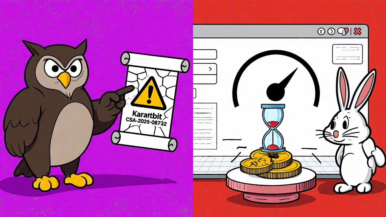 Cartoon owl holds CSA warning while rabbit faces a slow loading screen with blank spaces and a wobbling gold coin.