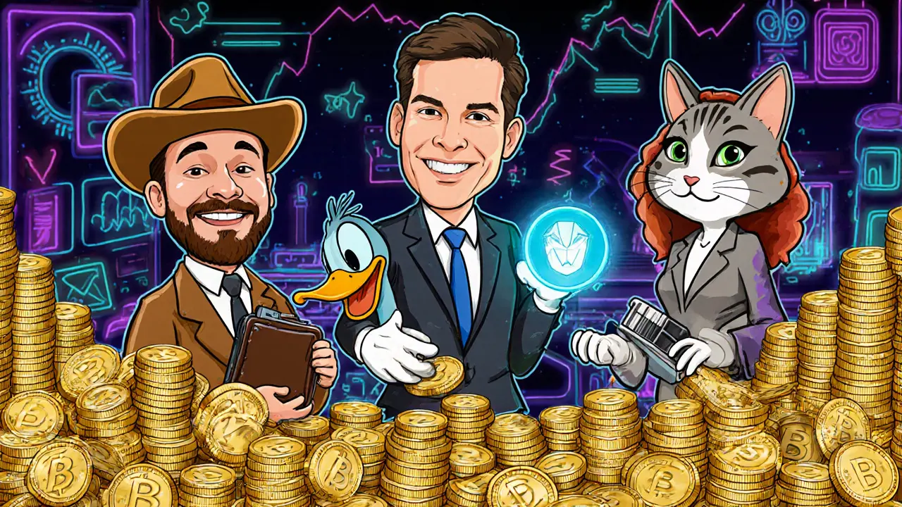 Cartoon prospector, duck businessman, and cat analyst each hold hardware wallets amid piles of coins.