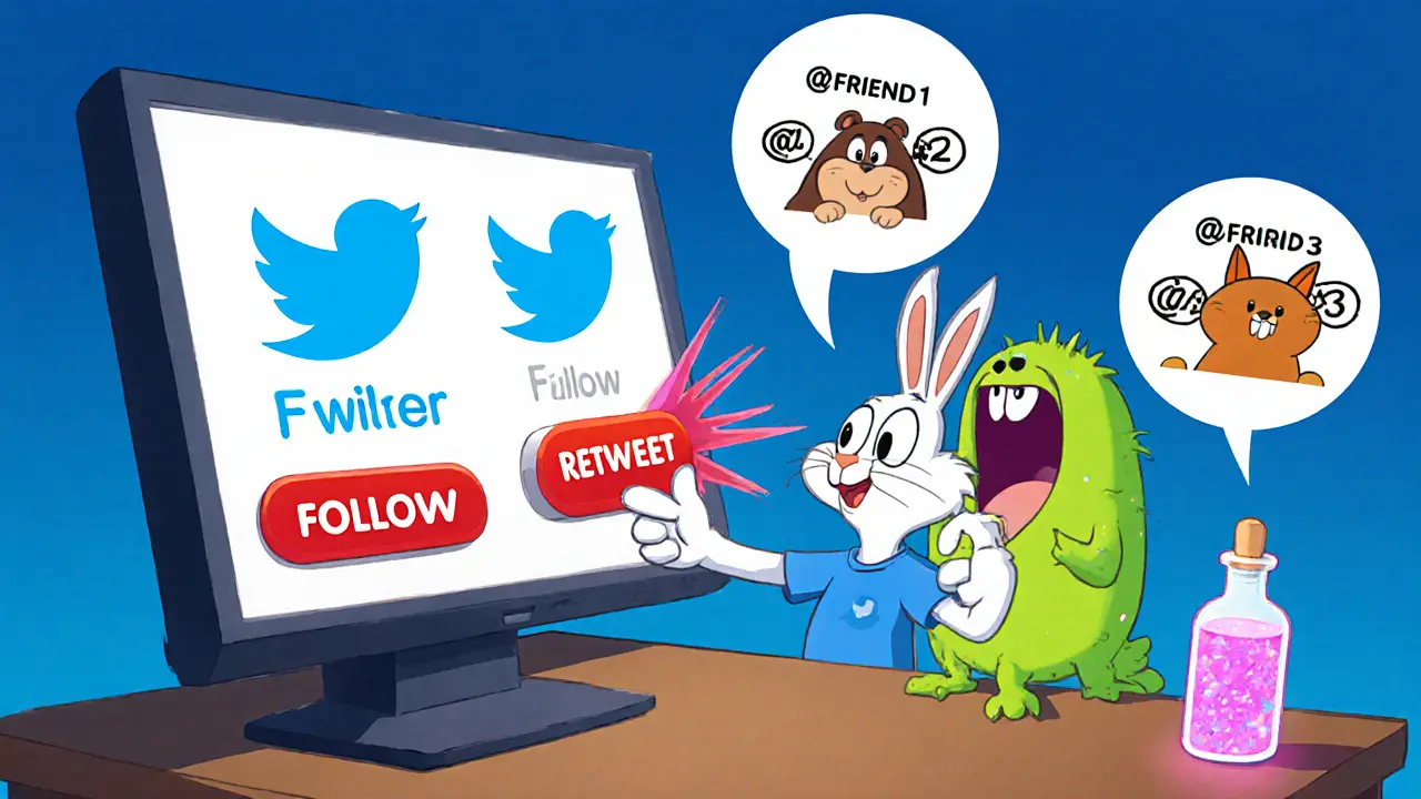 Cartoon rabbit retweeting on Twitter, tagging friends, beside Metamon NFT and potion.