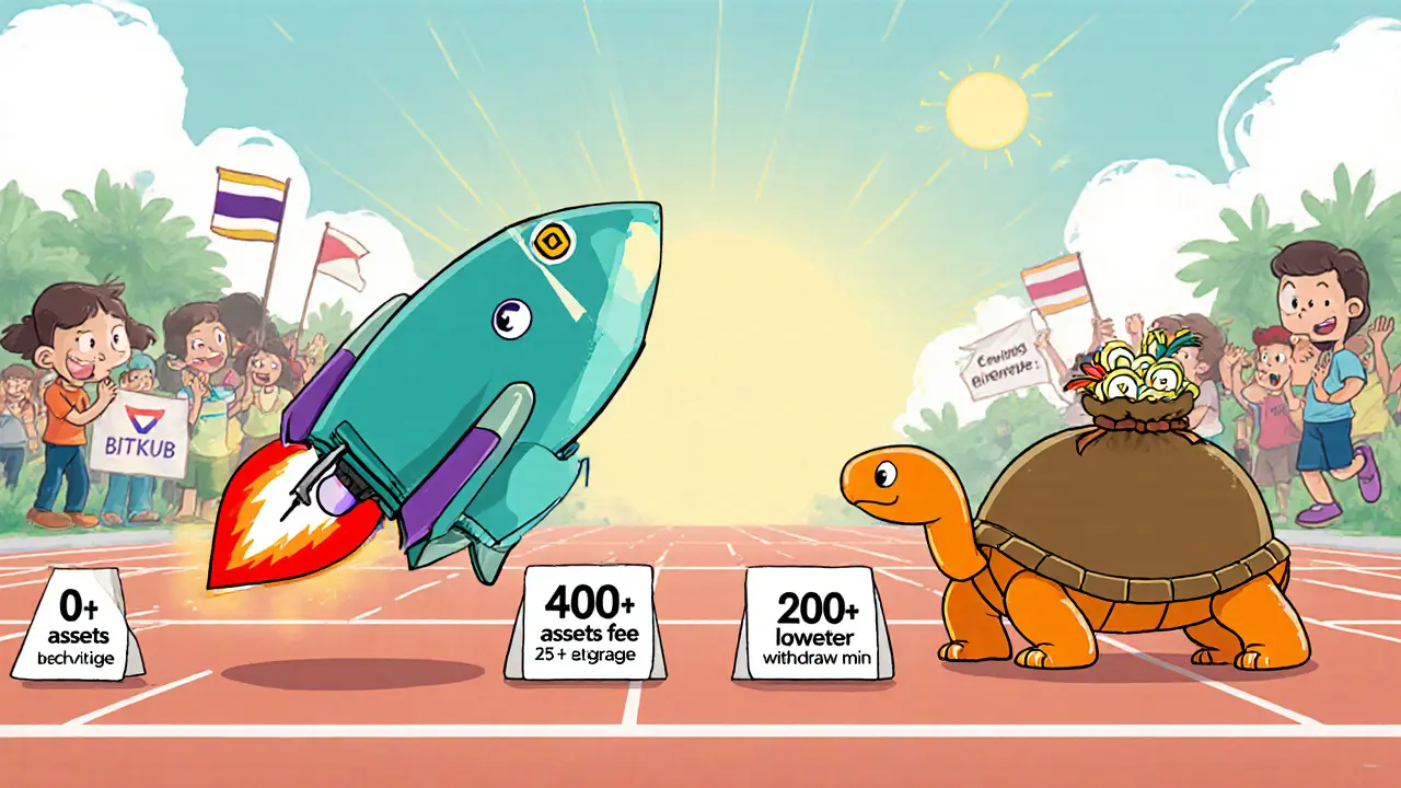 Cartoon race showing Binance rocket outrunning Bitkub turtle with feature markers.