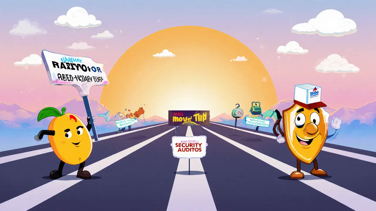 Cartoon road with three paths for tools, partnerships, security, mango mascot holding a voting sign.