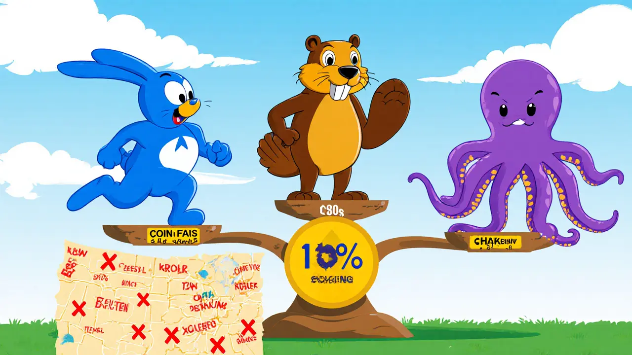 Cartoon scale comparing Binance.US, Coinbase, and Kraken with US map showing excluded states.