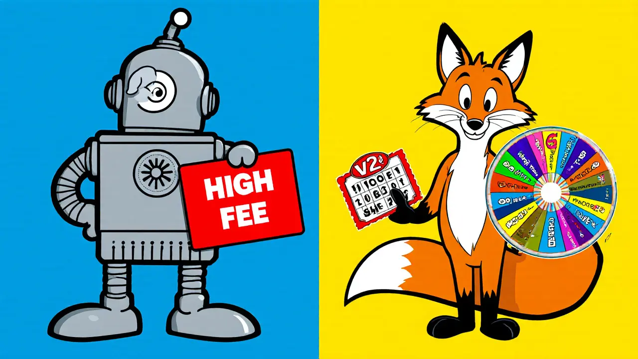 Cartoon split-screen shows robot v1 with high fees versus fox v2 with low fees and lottery.