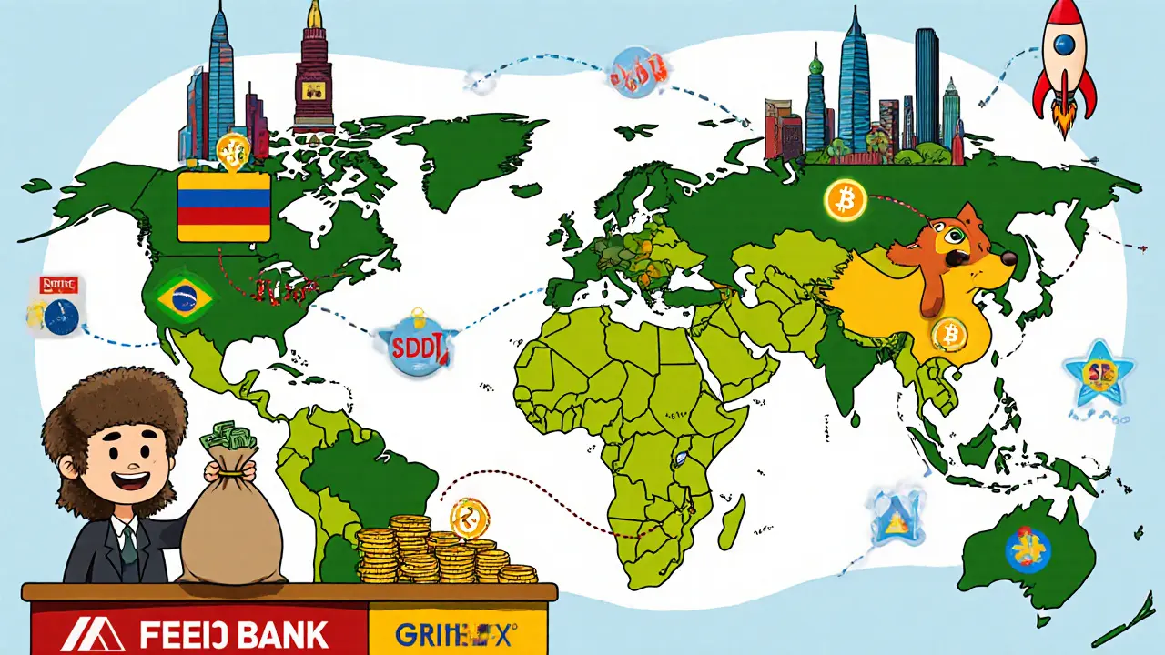 Cartoon trader deposits rubles at AlfaâBank, money travels through Feilian, Exved, Grinex to overseas wallet.