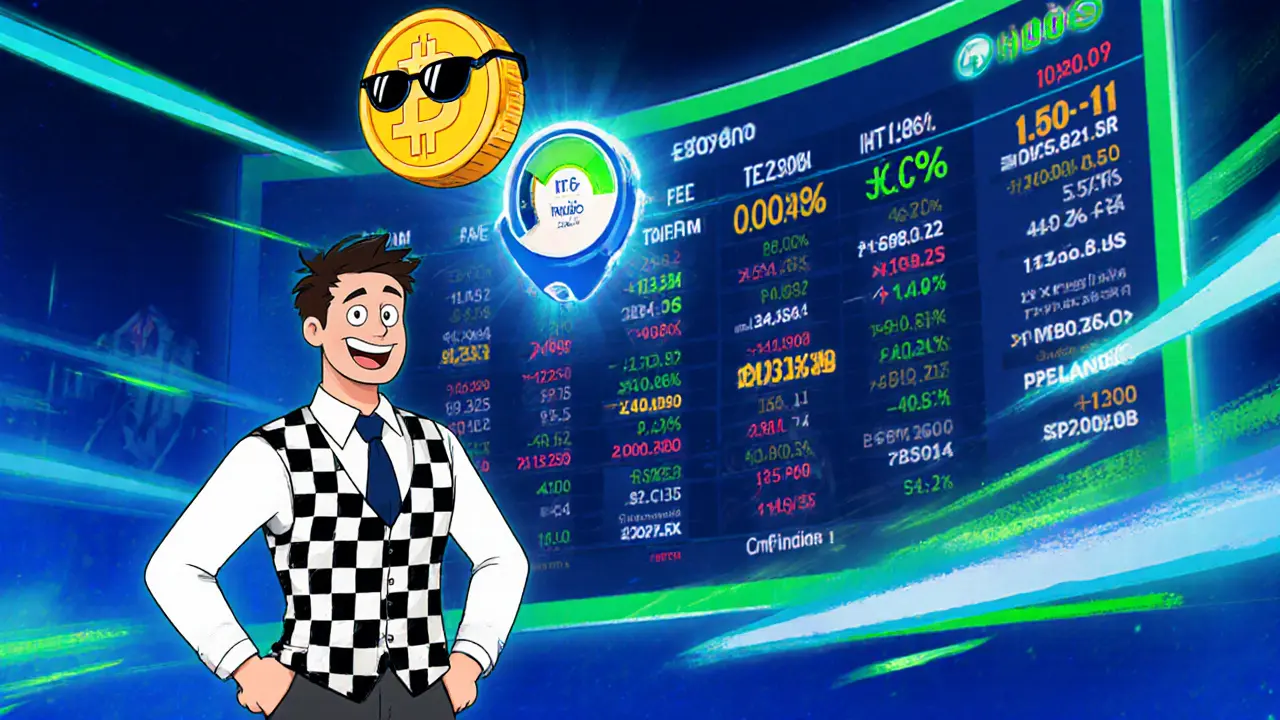Cartoon trader with Bitcoin, Ethereum, and HT token showing fee discounts.