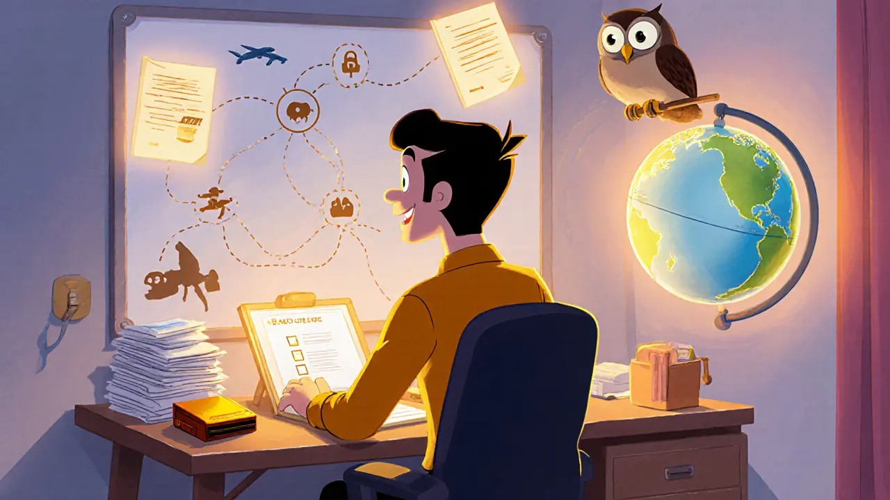 Cartoon trader with hardware wallet, legal papers, and globe indicating relocation options.