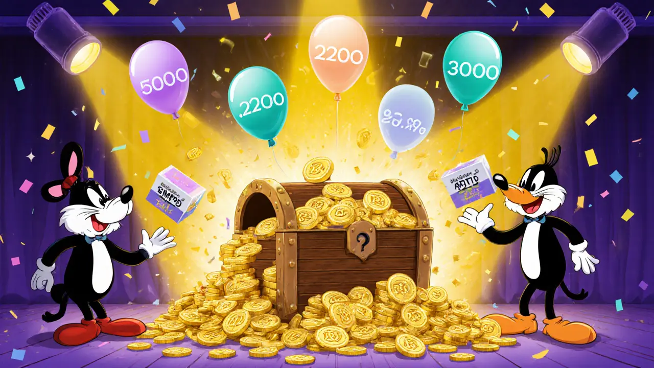 Cartoon treasure chest spilling GMPD coins and mystery NFT boxes in a festive tokenomics scene.