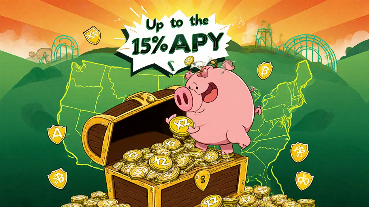 Cartoon treasure chest with XTZ and ATOM coins indicating up to 15% APY staking.