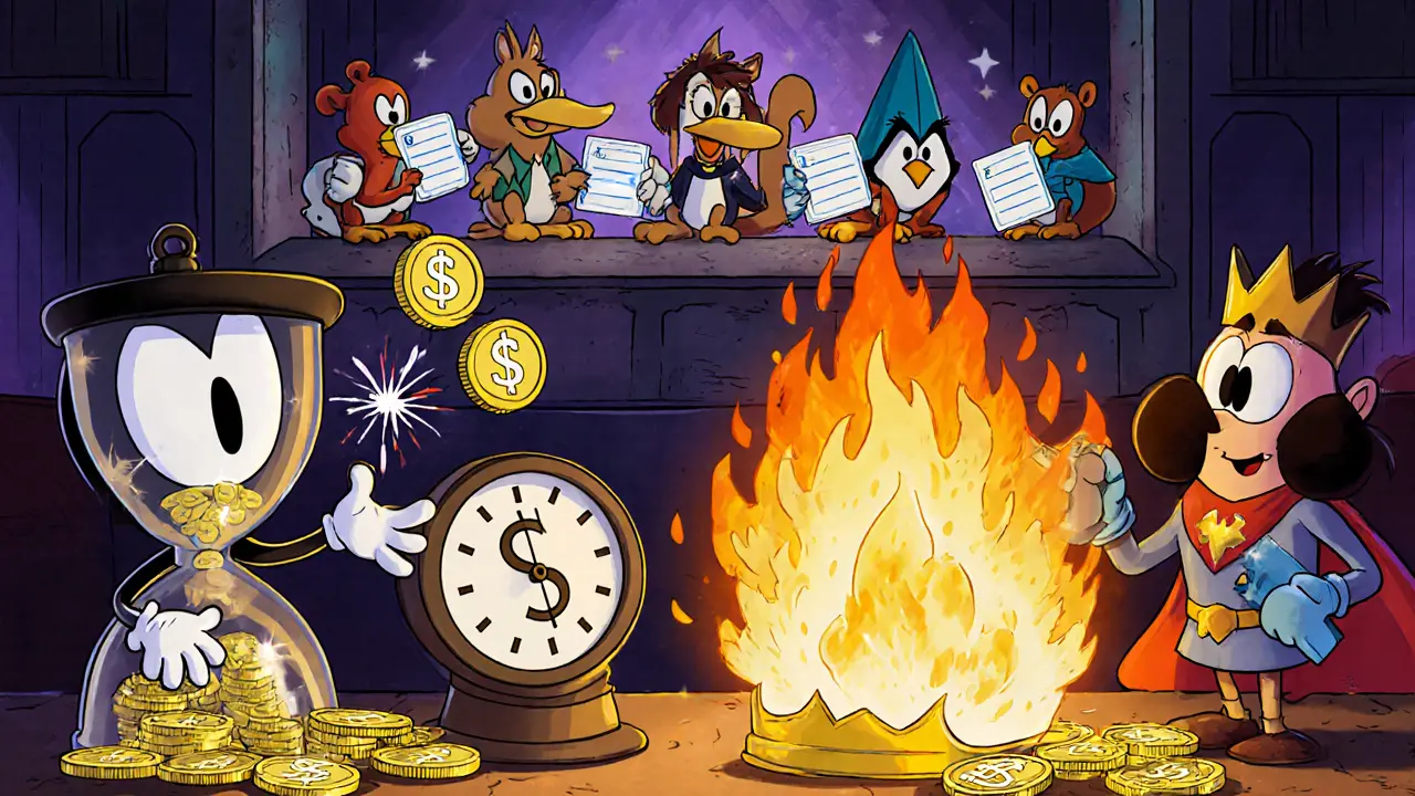 Cartoon workshop showing $BLACK locked into Singularity NFT and burned for Supermassive NFT with voting birds.