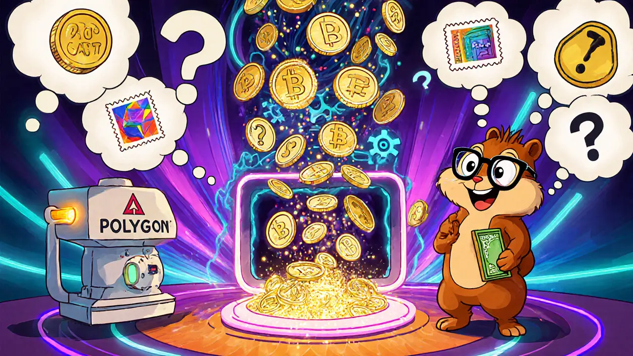 Chipmunk receives glittering ART tokens from a polygon portal with an AI art machine nearby.