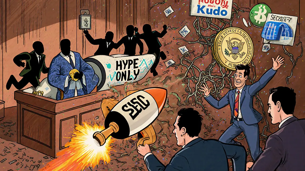 Courtroom scene with EOSex team fleeing as SEC agents chase them in Looney Tunes style