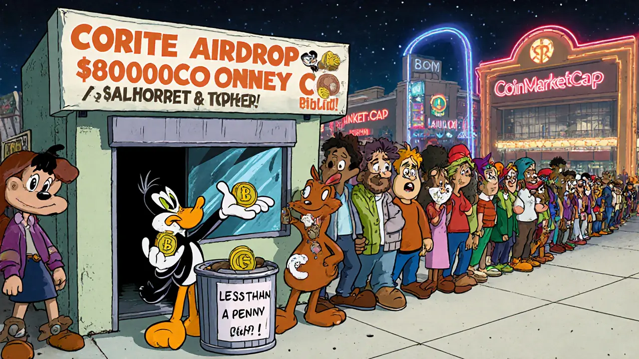 Crowd of cartoon characters lining up for a tiny airdrop storefront with a sign saying &#039;Less Than a Penny Each!&#039;