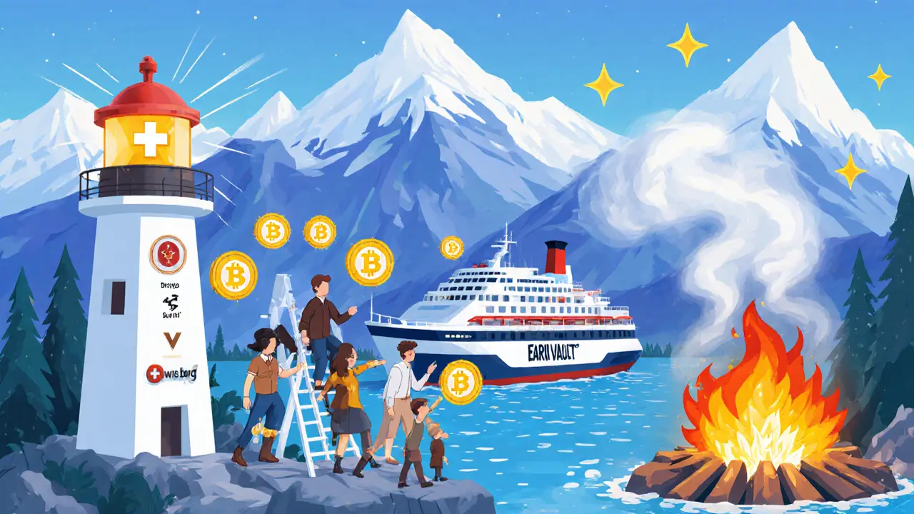 Crypto ships guided by SwissBorg lighthouse toward Earn Vaults on a mountain.
