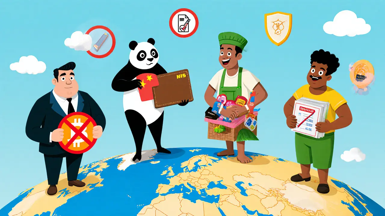 Four cartoon characters representing Bangladesh, China, Nigeria, and Indonesia with crypto icons.