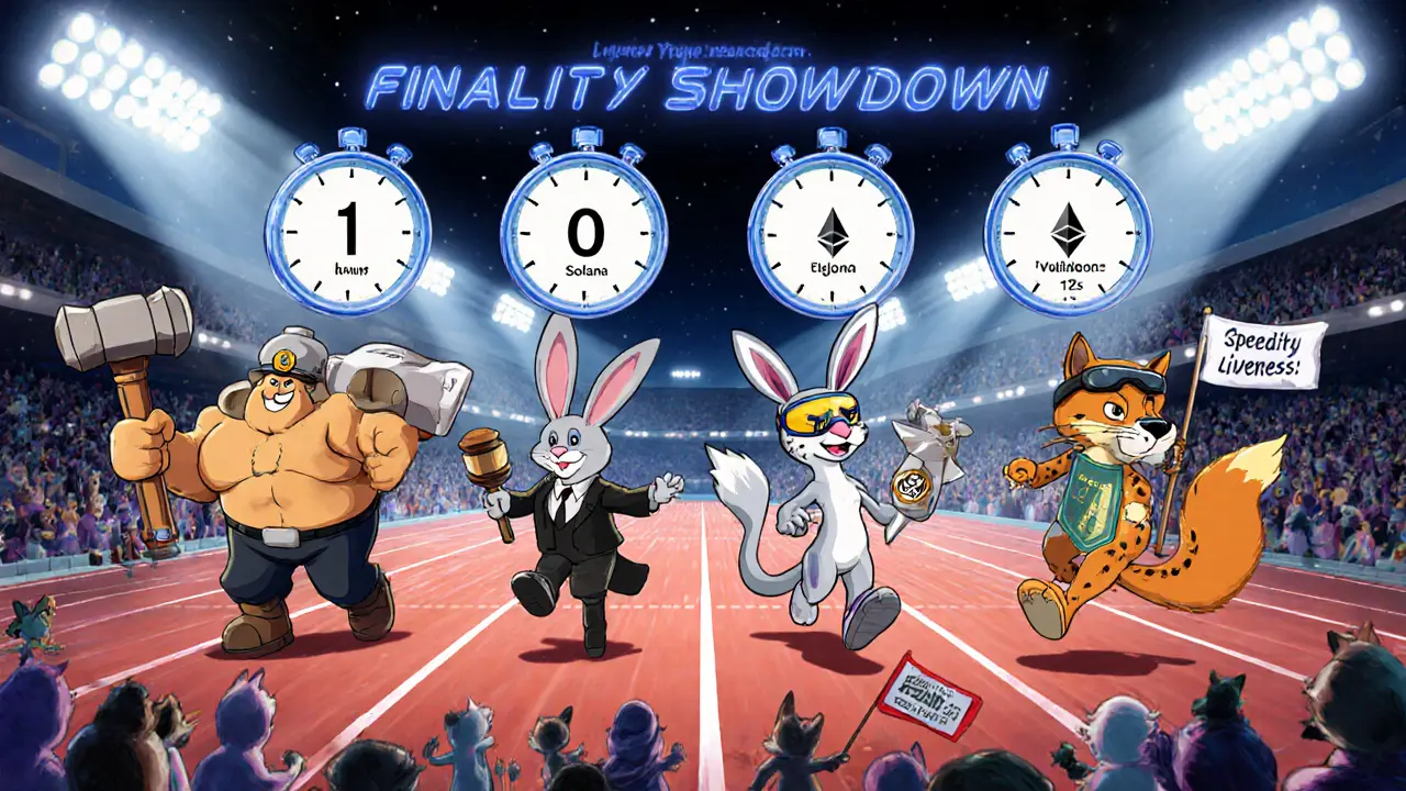 Looney Tunes style race of Bitcoin, Algorand, Solana, and Ethereum characters showing finality times.