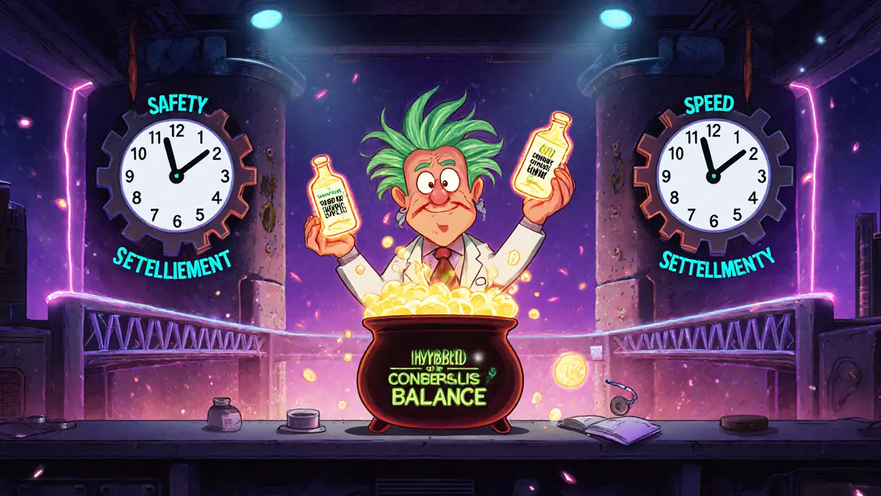 Mad scientist cartoon mixing safety and speed potions beside gears and a bridge with mismatched clocks.