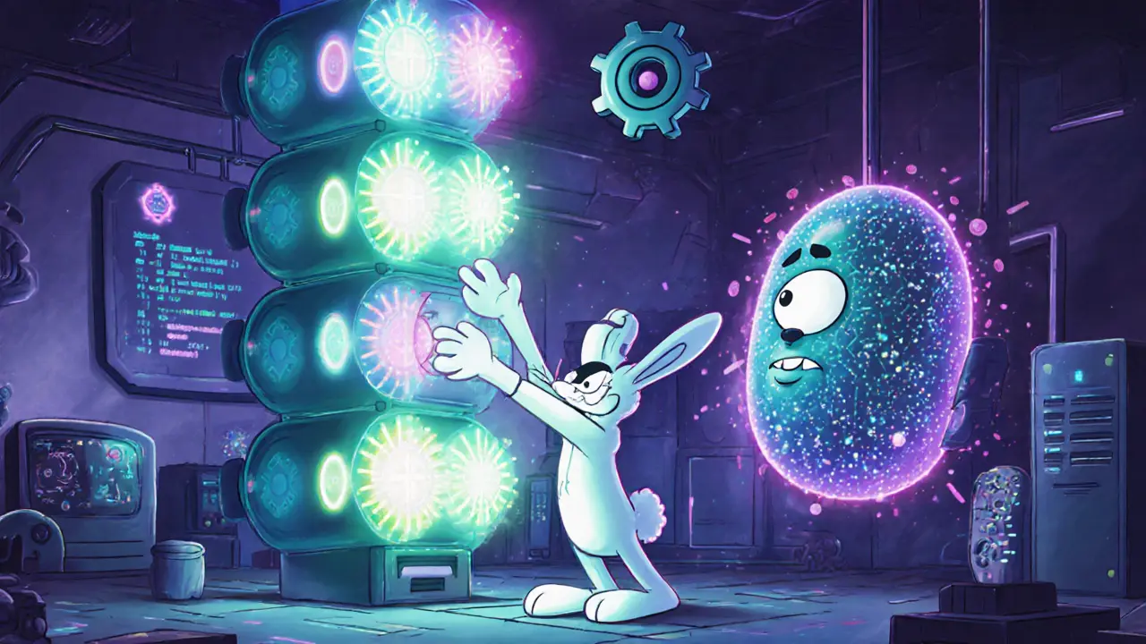 Playful scientist swaps glowing hash modules into a blockchain tower beside a quantum computer.