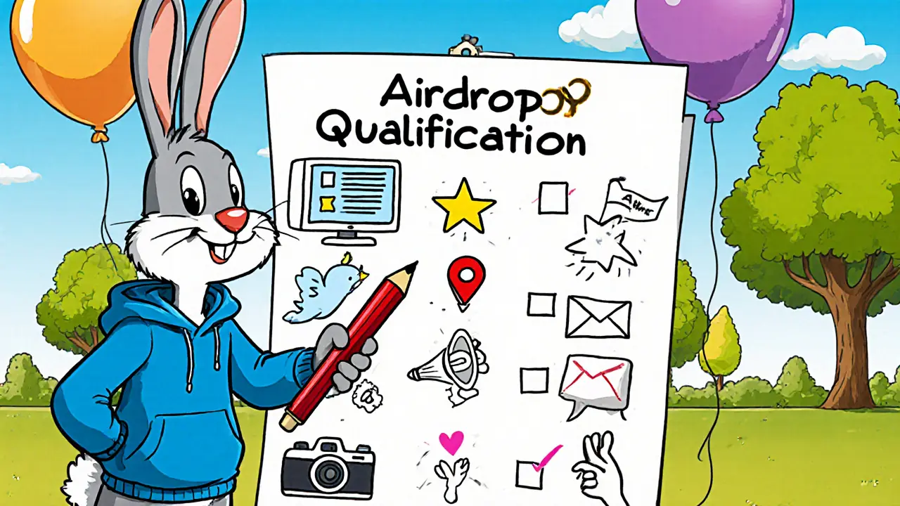 Rabbit character checks off seven whimsical airdrop steps on a colorful checklist board.