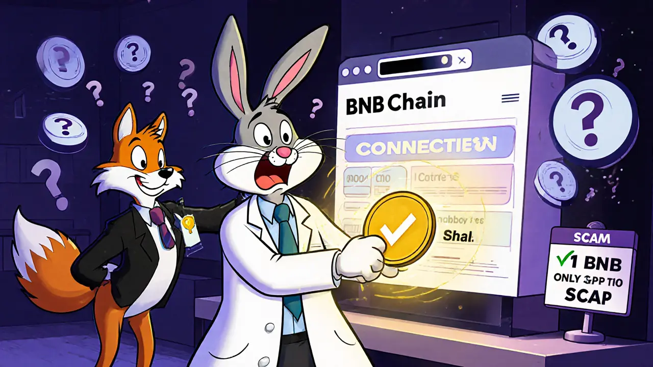 Rabbit connecting a wallet to a wobbly website while a fox tries to steal his private key in a cartoon crypto lab.