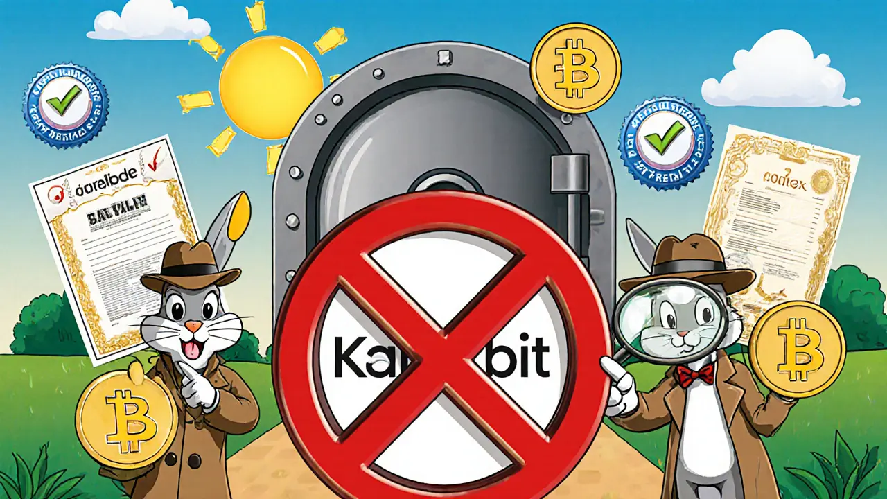 Rabbit detective points a red NO over Karatbit logo, while Binance and Coinbase characters show trusted tokens.