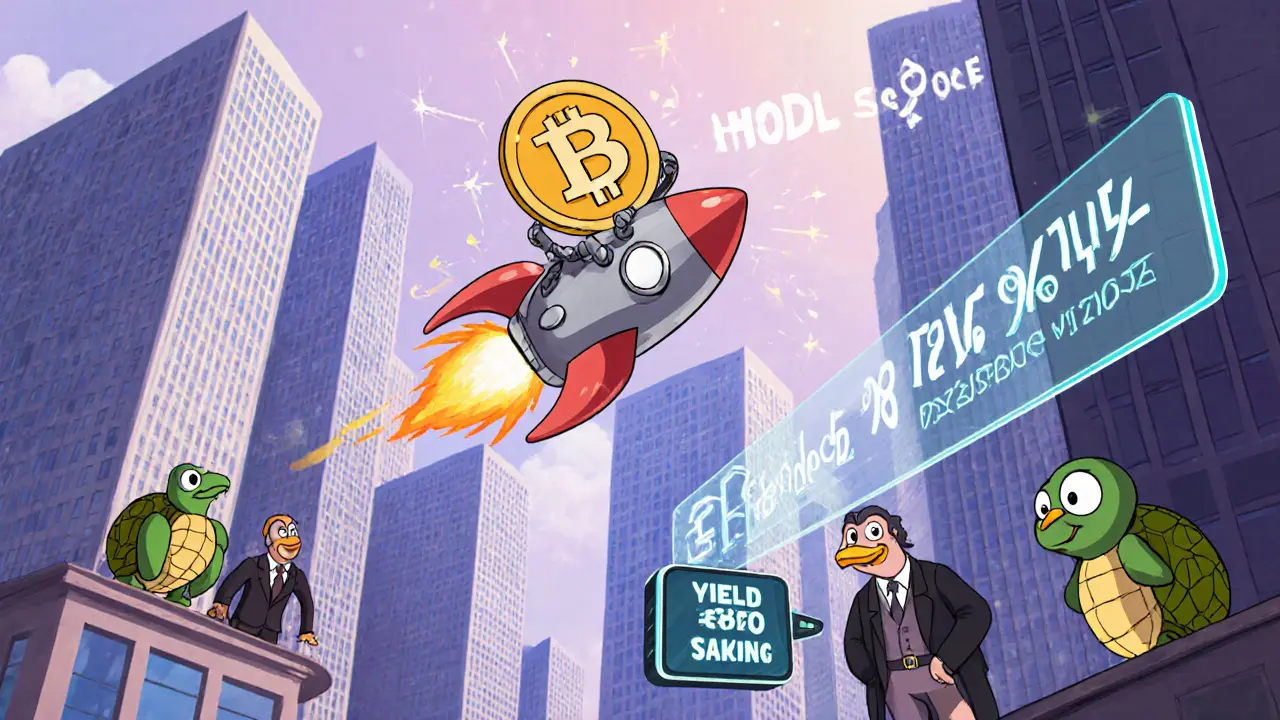 Robot pilots a Bitcoin rocket above a futuristic city with cartoon AI holograms displaying HODL scores.
