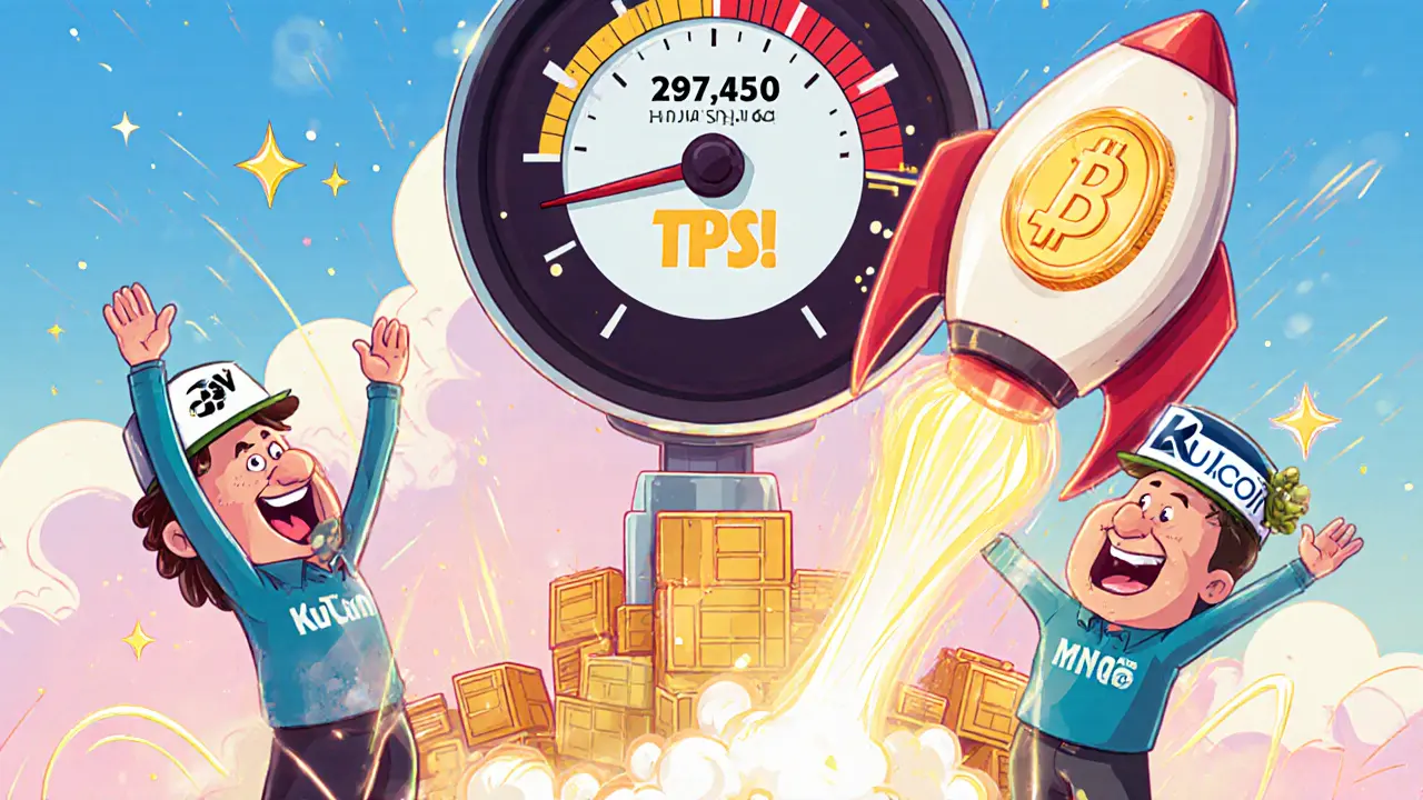 Rocket shaped like MGO token launches with a speedometer showing 297,450 TPS and cheering investors.