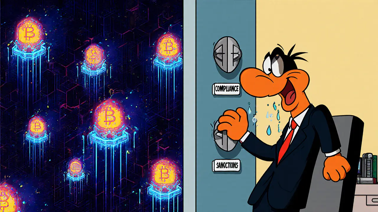 Split cartoon of blockchain nodes controlled by corporate suits