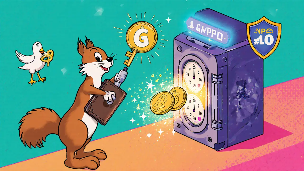 Squirrel plugging a wallet, staking coins, and receiving a glowing NFT key in a comic guide.