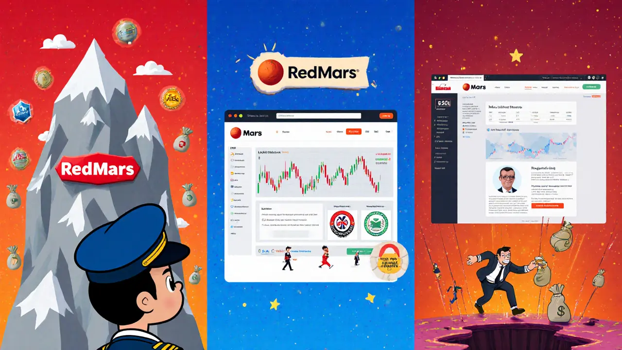 Three cartoon panels compare RedMars, Mars Ecosystem, and Mars Tech scams.