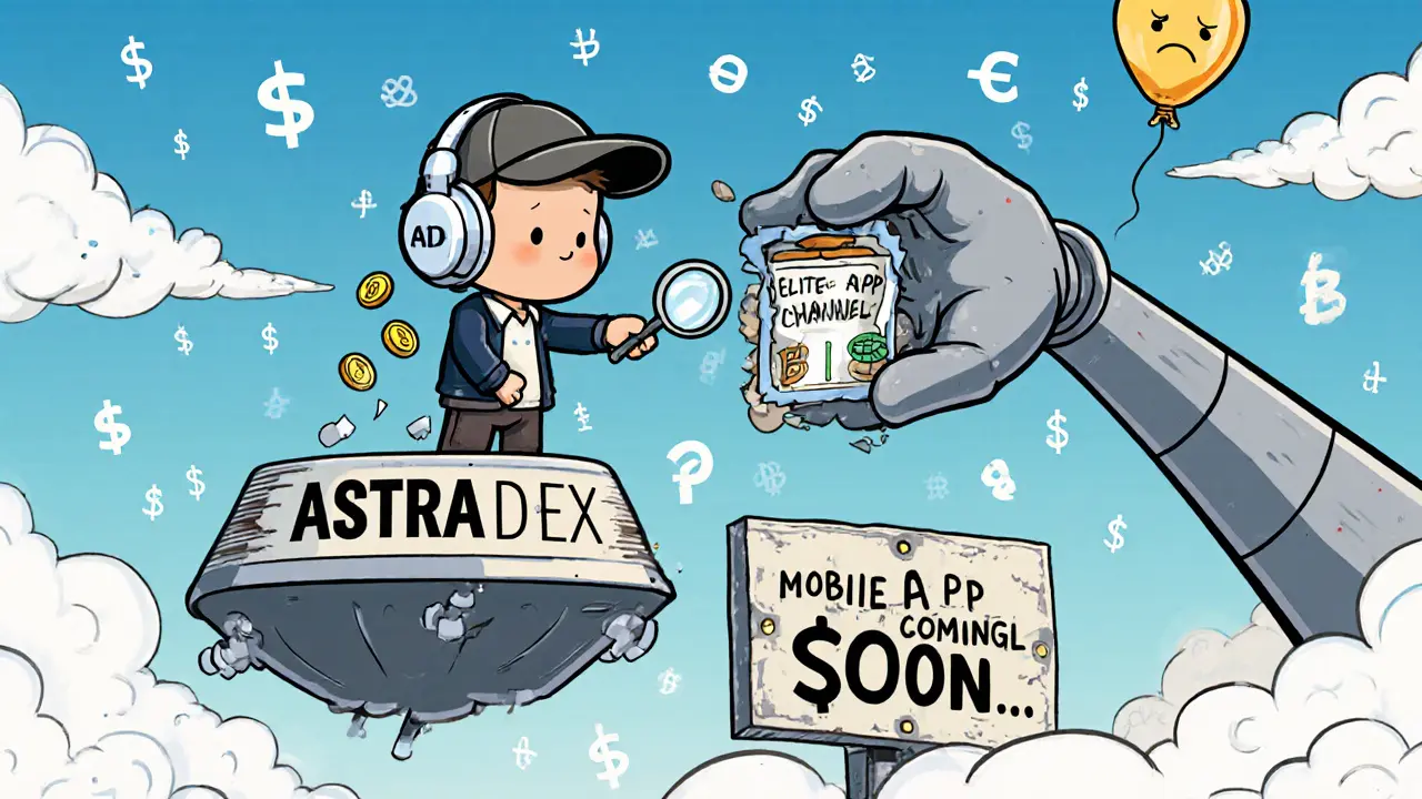 Tiny trader getting AI alert from vending machine while &#039;Mobile App Coming Soon&#039; sign fades.