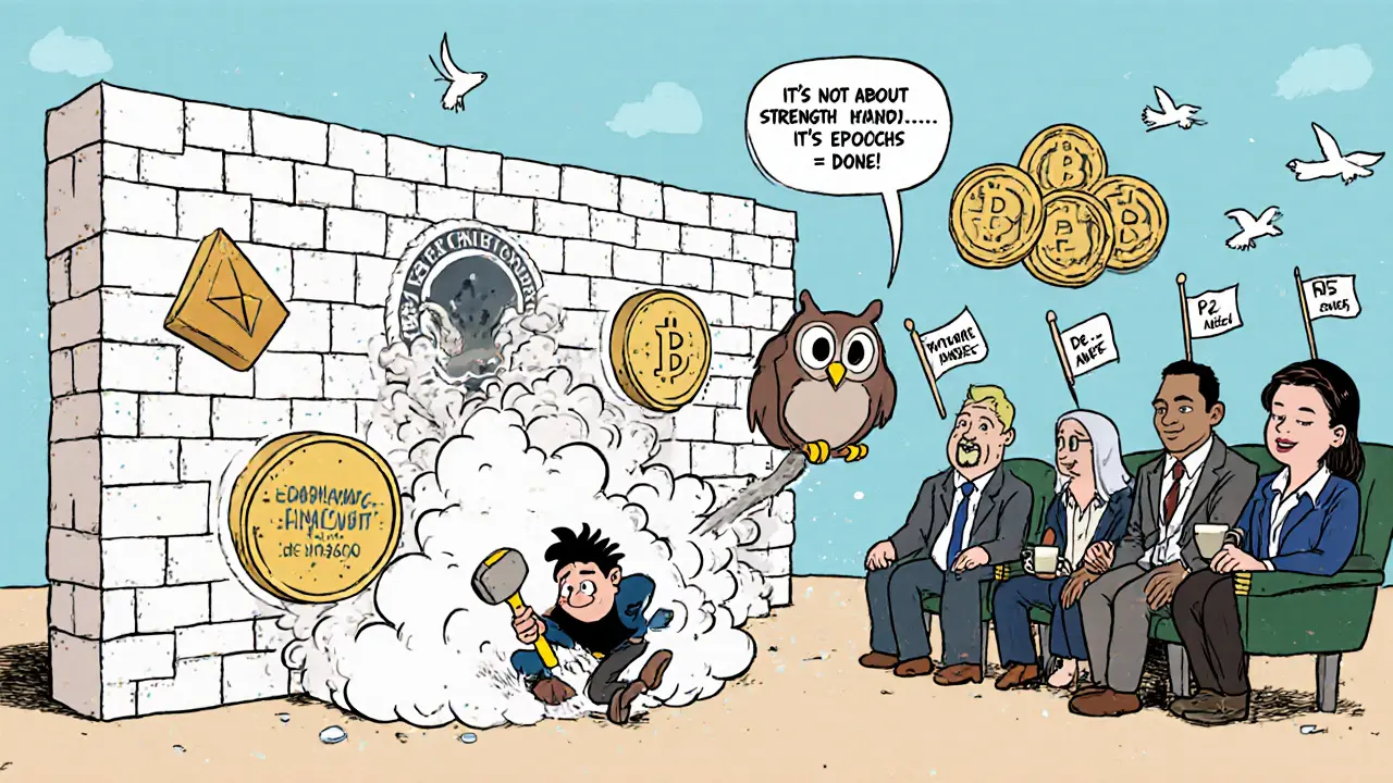 A 0B ETH wall blocks a tiny hacker as institutions sip coffee, with a wise owl declaring economic finality.